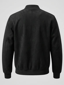 Manfinity Homme 男士純黑色人造麂皮棒球領夾克開襟拉鍊外套 側口袋 皮革貼飾 休閒街頭風 度假秋季款 - 黑色 - 查看 4