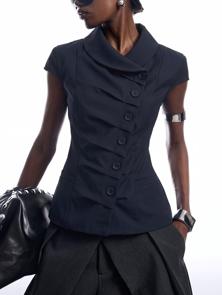 LYSMO Women's Fashion Commuter Asymmetric Front Blazer - Navy Blue - View 7