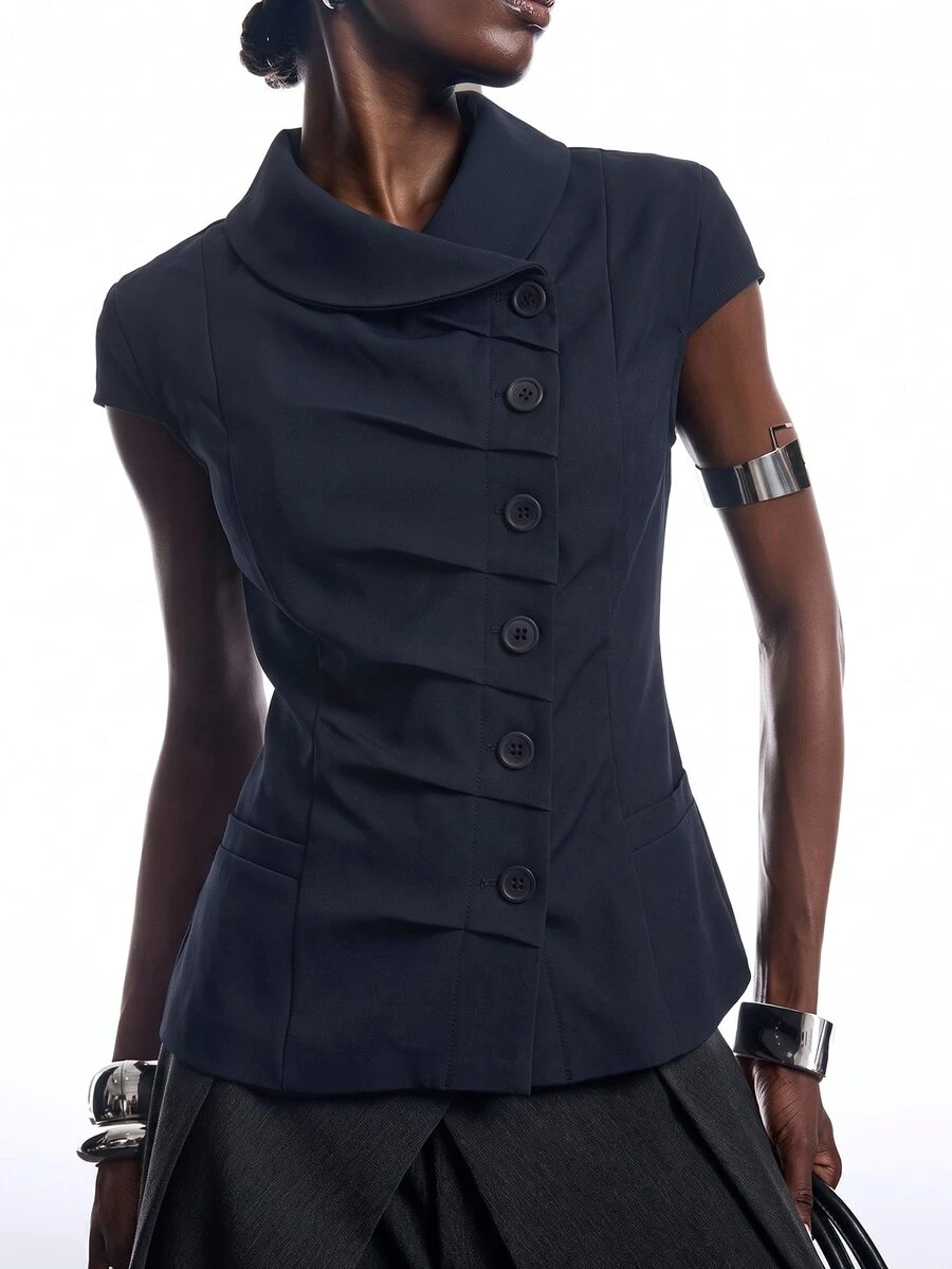 LYSMO Women's Fashion Commuter Asymmetric Front Blazer - Navy Blue - View 1