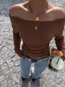 Muchica Chocolate Brown Knitted Off-Shoulder Women's T-Shirt - Chocolate Brown - View 3