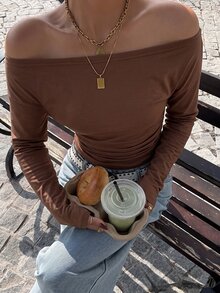 Muchica Chocolate Brown Knitted Off-Shoulder Women's T-Shirt - Chocolate Brown - View 4