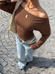 Muchica Chocolate Brown Knitted Off-Shoulder Women's T-Shirt - Chocolate Brown - View 5