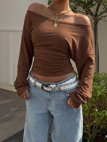 Muchica Chocolate Brown Knitted Off-Shoulder Women's T-Shirt - Chocolate Brown - View 6