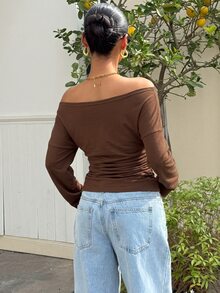 Muchica Chocolate Brown Knitted Off-Shoulder Women's T-Shirt - Chocolate Brown - View 2