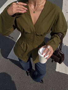 Muchica Army Green Woven Women's Casual Blazer Jacket - Army Green - View 3