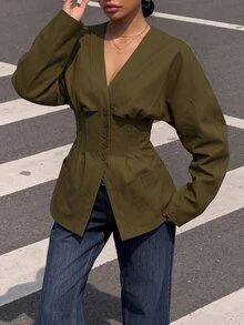 Muchica Army Green Woven Women's Casual Blazer Jacket - Army Green - View 5