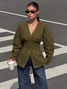 Muchica Army Green Woven Women's Casual Blazer Jacket - Army Green - View 4