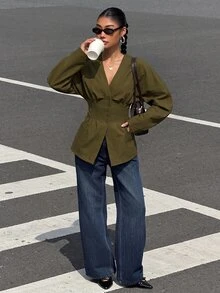 Muchica Army Green Woven Women's Casual Blazer Jacket - Army Green - View 6