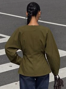 Muchica Army Green Woven Women's Casual Blazer Jacket - Army Green - View 2