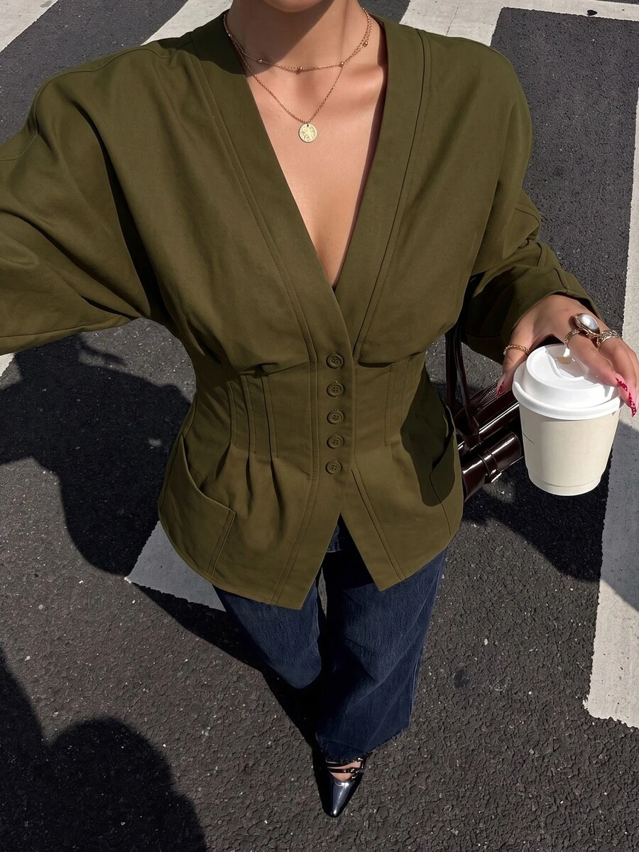 Muchica Army Green Woven Women's Casual Blazer Jacket - Army Green - View 1
