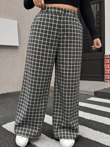 Muchica Plus Size Casual Vacation Plaid Button Pocket Loose Fit Suit Pants - Black and White - View 5