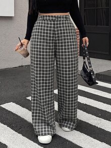 Muchica Plus Size Casual Vacation Plaid Button Pocket Loose Fit Suit Pants - Black and White - View 1
