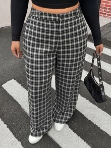 Muchica Plus Size Casual Vacation Plaid Button Pocket Loose Fit Suit Pants - Black and White - View 6