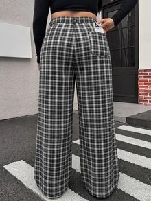 Muchica Plus Size Casual Vacation Plaid Button Pocket Loose Fit Suit Pants - Black and White - View 2