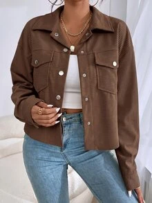 SHEIN EZwear 街頭風鈕扣長袖口袋夾克 - 棕色 - 查看 4