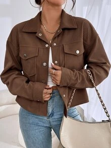 SHEIN EZwear 街頭風鈕扣長袖口袋夾克 - 棕色 - 查看 6