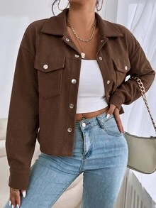 SHEIN EZwear 街頭風鈕扣長袖口袋夾克 - 棕色 - 查看 5