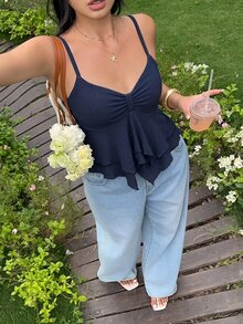 GalTyme Plus Size Summer Casual Solid Color Asymmetrical Hem Cami Top - Navy Blue - View 6