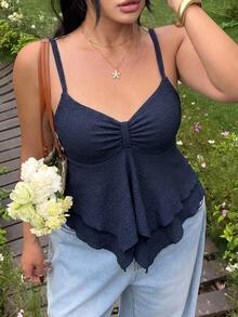 GalTyme Plus Size Summer Casual Solid Color Asymmetrical Hem Cami Top - Navy Blue - View 1