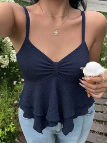 GalTyme Plus Size Summer Casual Solid Color Asymmetrical Hem Cami Top - Navy Blue - View 5