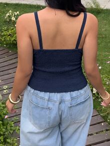 GalTyme Plus Size Summer Casual Solid Color Asymmetrical Hem Cami Top - Navy Blue - View 3