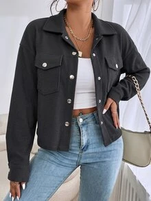 SHEIN EZwear 秋冬款落肩翻蓋口袋燈芯絨夾克 - 深灰色 - 查看 2