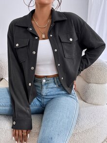 SHEIN EZwear 秋冬款落肩翻蓋口袋燈芯絨夾克 - 深灰色 - 查看 1