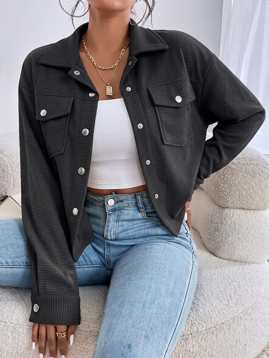 SHEIN EZwear 秋冬款落肩翻蓋口袋燈芯絨夾克 - 深灰色 - 查看 1