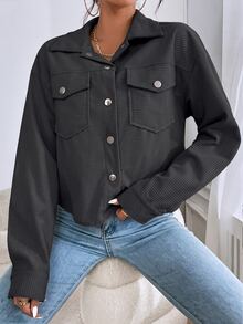 SHEIN EZwear 秋冬款落肩翻蓋口袋燈芯絨夾克 - 深灰色 - 查看 4