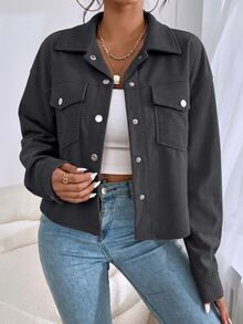 SHEIN EZwear 秋冬款落肩翻蓋口袋燈芯絨夾克 - 深灰色 - 查看 5