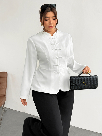 Firerie Plus Size Elegant Commuter Solid Color Frog Button Jacket