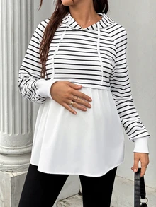 SHEIN 孕婦條紋圖案長袖抽繩連帽衛衣 冬季 - 黑與白 - 查看 8
