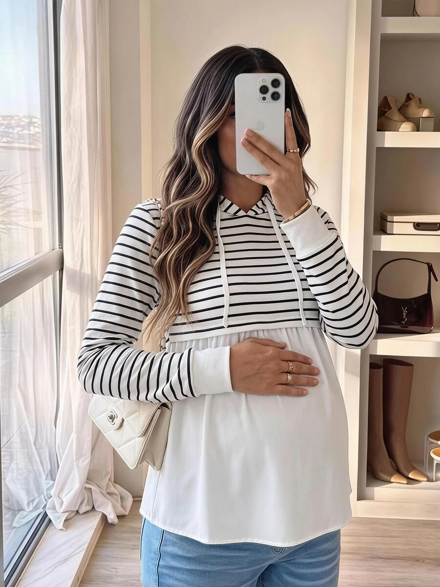 SHEIN 孕婦條紋圖案長袖抽繩連帽衛衣 冬季 - 黑與白 - 查看 1