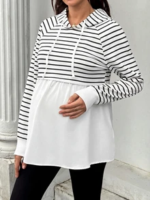 SHEIN 孕婦條紋圖案長袖抽繩連帽衛衣 冬季 - 黑與白 - 查看 5