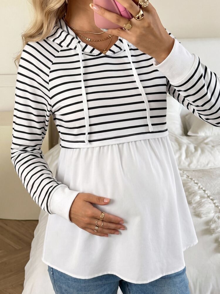 SHEIN Maternity Striped Pattern Long Sleeve Drawstring Hooded Sweatshirt Winter - Black and White - View 4
