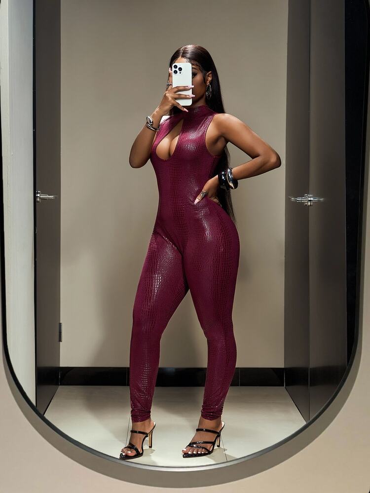 Slaydiva Women's Burgundy PU Leopard Texture Sleeveless Front Hollow Tight Jumpsuit, Winter Night Out Club Rave Outfit,Country Concert Halloween Costume - Burgundy - View 9