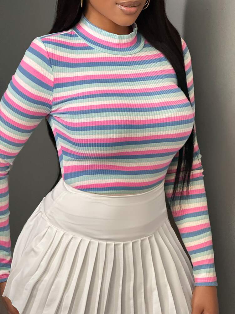 Slaydiva Women Casual Ribbed Deep Blue & Pink High Neck Long Sleeve Ribbed Bodycon T-Shirt - Blue - View 7