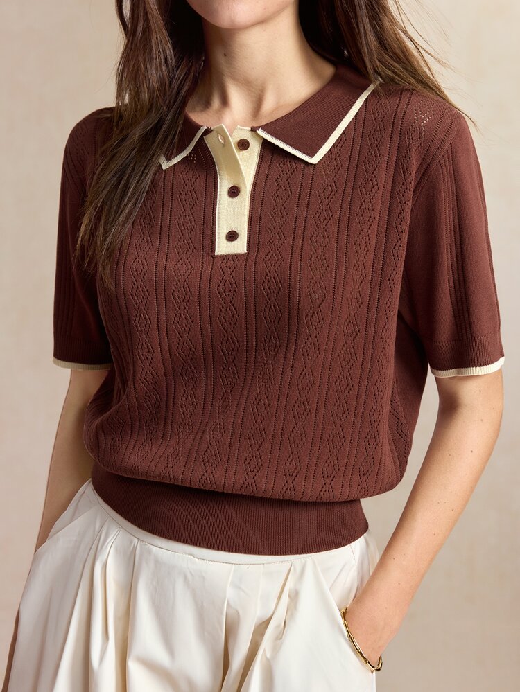 BizChic Brown & Cream Knitted Collared Contrast Trim Top, Casual French Bohemian Preppy Style, Halloween Back To School Daily Commute Date Office Autumn Back To School Season Church Special Occasion Birthday Wedding Guest Party Vacation Elegant Minimalist - Brown - View 2