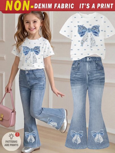 SHEIN Elladie kids Conjunto casual de 2 piezas para niñas jóvenes de verano, camiseta de manga corta con cuello redondo y estampado de lazo, y pantalones acampanados con efecto denim y cintura elástica