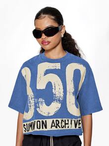 SUMWON WOMEN Vintage Casual Washed Summer Archive Number Print Cotton T Shirt Classic Distressed Numeric Streetwear Boxy Cropped Everyday Night Out Blue - Dusty Blue - View 4
