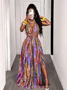 BamGleam 夏季女款性感熱帶豹紋掛脖洋裝，適合音樂節、復活節、納什維爾、波希米亞風、生日、夜生活、度假，紫色與黑色 - 紫色 - 查看 8