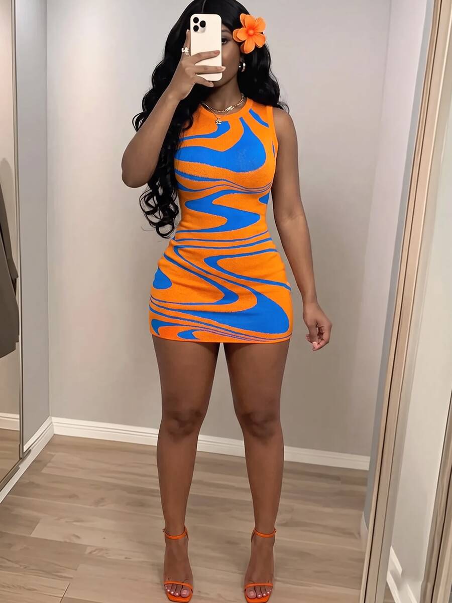 Slaydiva Orange & Blue Wavy Pattern Sleeveless Knitted Dress - Multicolor - View 1