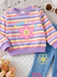 2pcs Baby Girl Casual Fashion Simple Sweet Cute Colorful Striped & Cartoon Floral Print Crew Neck Sweatshirt Pullover And 3D Print Flared Leggings Long Pants Set, Suitable For Autumn/Winter - Multicolor - View 3