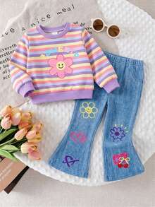 2pcs Baby Girl Casual Fashion Simple Sweet Cute Colorful Striped & Cartoon Floral Print Crew Neck Sweatshirt Pullover And 3D Print Flared Leggings Long Pants Set, Suitable For Autumn/Winter - Multicolor - View 4