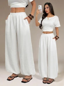 SHEIN PETITE 女款休閒百搭純色燈籠褲 - 白色 - 查看 1