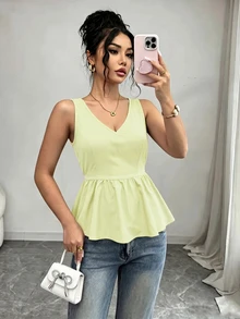 SHEIN Raffinéa Women's Shirred Fashionable Work Commute Party Graduation Daily Slim Fit Camisole - Light Yellow - View 6