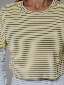 MUSERA Blue Green Stripe Double Layered Long Sleeve Tshirt Cute Daily Everyday Coolgirl Undone - Multicolor - View 6