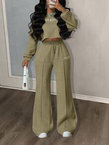 Slaydiva Army Green Winter Casual Occasion Women's Sportswear Set Autumn Round Neck Drop Shoulder Loose Cropped Sweater Top And Wide-Leg Straight Pants Pocket - Green - View 3