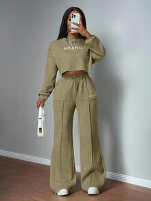 Slaydiva Army Green Winter Casual Occasion Women's Sportswear Set Autumn Round Neck Drop Shoulder Loose Cropped Sweater Top And Wide-Leg Straight Pants Pocket - Green - View 10