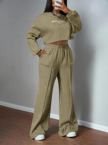 Slaydiva Army Green Winter Casual Occasion Women's Sportswear Set Autumn Round Neck Drop Shoulder Loose Cropped Sweater Top And Wide-Leg Straight Pants Pocket - Green - View 7
